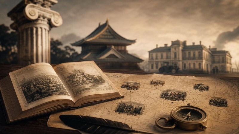 Книга и карта на фоне символов разных исторических эпох